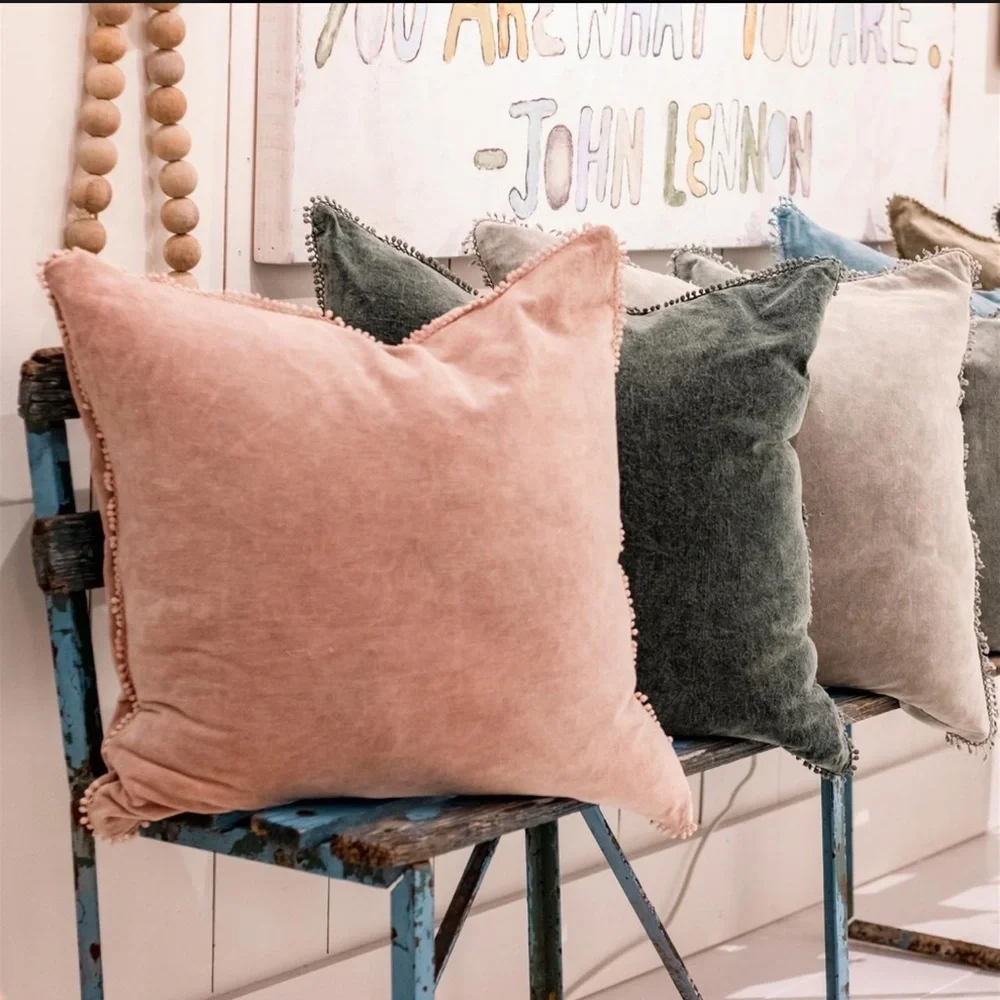 Sugarboo‎ Designs Grey Velvet Linen Large Shabby Chic Square Pillow 22” Coastal